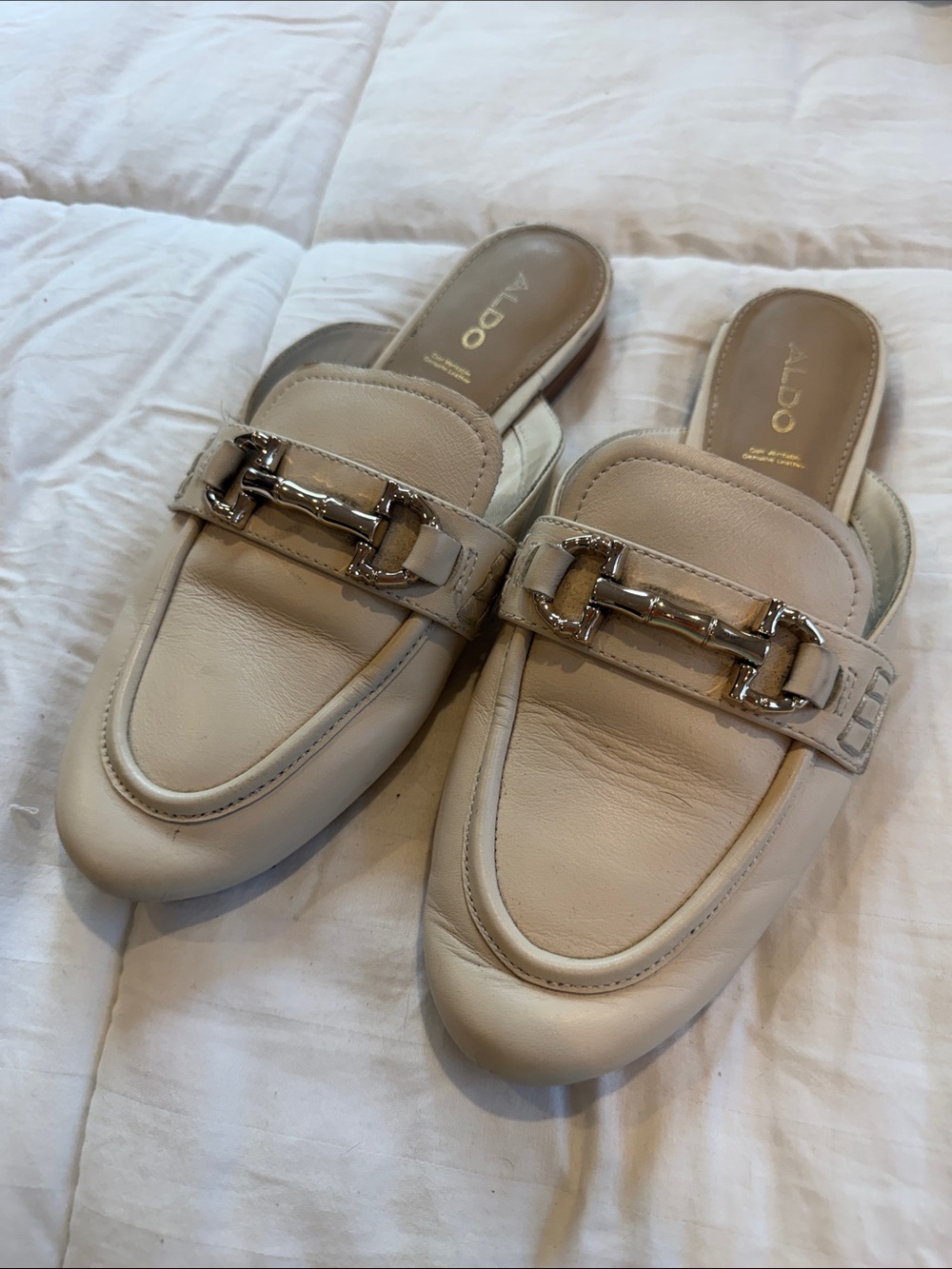 ALDO Cream Leather Slip-On Mule Loafers with Silver Bit